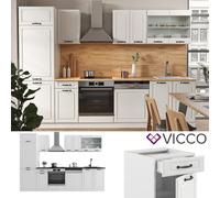 Vicco Cuisine R-Line, Blanc Campagne/Blanc, 300cm | 8 Modules · Pieds réglables en hauteur · Sans plan de travail · Façades en MDF · Avec armoire pour réfrigérateur