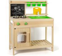 Cuisine extérieure Enfant en Bois - Jouet d’Imitation avec Robinet Fonctionnel, évier Vert, Double Plaque de Cuisson, Tableau Noir et Accessoires - Idéal pour Jardin ou terrasse