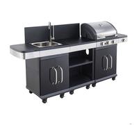 Cook’in Garden - Cuisine Extérieure Modulable FIDGI 3, Barbecue au Gaz, 3 Brûleurs avec Thermomètre, Meuble d’Appoint Desserte et Évier, Structure Métal, Noir