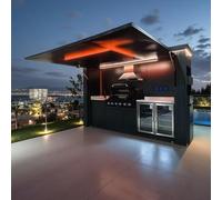 Cuisine extérieure modulaire personnalisable, suite barbecue préfabriquée | Caractéristiques de l'unité sélectionnable, boîtier d'ouverture motorisé, tiroirs à double couche et centre de boissons pour