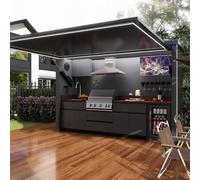 Cuisine extérieure préfabriquée modulaire, station de barbecue à | Dimensions du cadre réglables, auvent motorisé, surface de comptoir sans couture et espace de réfrigérateur pour terrasse de
