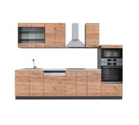 Cuisine Fame-Line 300cm avec armoire haute PT Marbre Chêne de force doré/Anthracite Vicco 42170