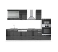 Vicco Cuisine Fame-Line, Anthracite Haute Brillance, 300cm | 8 Modules · Pieds réglables en hauteur · Sans plan de travail · Façades en MDF · Softclose · Poignées en métal