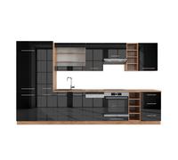 Vicco cuisine Fame-Line, 355 cm sans plan de travail, Anthracite brillant/Chêne doré