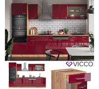Cuisine R-Line, 300 cm avec armoire haute, sans plan de travail, Bordeaux brillant/Chêne doré, Vicco