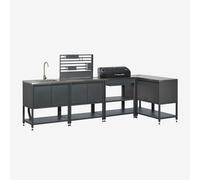 Cuisine Modulaire D'angle Extérieure 5 Pièces Avec Évier, Panneau Organisateur Et Barbecue À Charbon En Acier Savona Gris Graphite Gris
