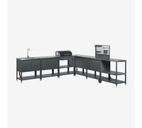 Cuisine Modulaire D'angle Extérieure 7 Pièces Avec Évier, Panneau Organisateur Et Barbecue À Charbon En Acier Savona Gris Graphite Gris