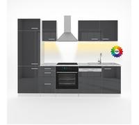 Cuisine Optima, 270cm sans plan de travail avec bande LED, Anthracite brillant/blanc, Blanc, Vicco