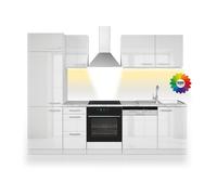 Cuisine Optima, 270cm sans plan de travail avec bande LED, Blanc Haute brillance/Blanc, Vicco 51908