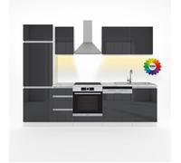 Cuisine Optima, 270cm sans plan de travail, sans poignée avec bande LED, Anthracite Haute brillance, Blanc, Vicco