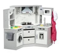 AIYAPLAY Cuisine Enfant en Bois, Jouet d'imitation Coin pour Enfant, avec 17 Accessoires, légumes en Plastique Boutons et lumières, Toque, Tablier, torchon, 3-6 Ans, Gris Blanc