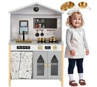 Cuisine pour enfants en bois et plastique - Grande cuisine de jeu de rôle avec lumière et son, four et cuisinière, avec machine à café et accessoires, favorise l'imagination pour filles et garçons à