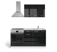 Cuisine R-Line, 160cm avec meuble four encastrable sans PT, Noir brillant/Blanc, , Vicco