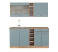 Vicco Cuisine R-Line, Bleu-Gris/chêne doré, 160cm | 6 Modules · Pieds réglables en hauteur · Sans plan de travail · Façades robustes · Avec étagères ouvertes