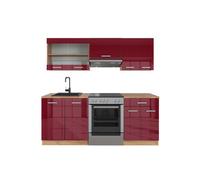 Vicco Cuisine R-Line, Rouge Brillant/Chêne doré, 200cm | 5 Modules · Pieds réglables en hauteur · Sans plan de travail · Façades robustes · Avec armoire vitrée