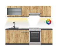 Cuisine R-Line, 240cm sans plan de travail avec bande LED, Chêne doré/Anthracite, Vicco 51930