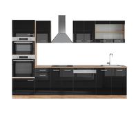 Cuisine R-Line, 300cm avec armoire haute, PT Chêne, Noir Haute brillance/Chêne de force doré, Vicco 43085