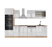 Cuisine R-Line 300cm avec armoire haute, sans PT Blanc brillant/Chêne doré Vicco