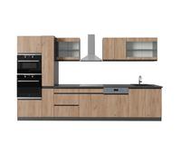 Vicco Cuisine R-Line, Chêne doré/Anthracite, 350 cm J-Shape, avec Armoire Haute, sans Plan de Travail