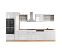Cuisine R-Line, 350cm avec armoire haute, sans PT, Blanc Haute brillance/Chêne de force doré, Vicco 37661