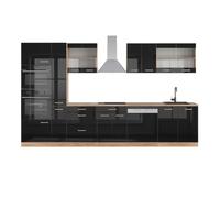 Cuisine R-Line, 350cm avec armoire haute, sans PT, Noir Haute brillance/Chêne de force doré, Vicco 40978