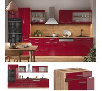 Cuisine R-Line, 350cm avec armoire haute, sans PT, Rouge brillant/Chêne de force doré, Vicco