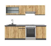 Vicco Cuisine Raul, Chêne doré/Anthracite, 240cm J-Shape, PT Anthracite, avec modules à Position Variable et Pieds réglables en Hauteur