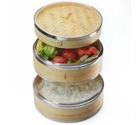 Dimono® cuiseur vapeur bambou avec inox, 2 étages de cuiseur vapeur avec couvercle, panier vapeur cuiseur à riz bambou pour Sim Sum Dumplings, légumes, riz, viande, poisson (Ø 24 cm)