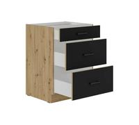 Modena - Meuble bas casserolier - 3 Tiroirs - 60 cm - Chêne artisan et noir mat - Plan de travail non inclus