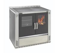 Cuisinière à bois Wamsler W3-90 | 8 kW assiette en céramique, à droite, 920 mm, Acier inoxydable, porte du four émaillée noire, FASHION