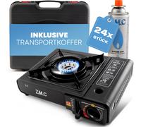Cuisinière à gaz 1 brûleur ZMC incl. 24x Cartouche de gaz butane 227g et adaptateur pour GPL + étui de rangement, cuisinière de camping pour usage extérieur et intérieur, cuisinière à gaz de camping