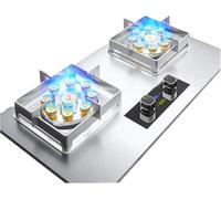 Cuisinière à Gaz 75 Cm avec 2 Brûleurs Double Face Chronométrée à Neuf Chambres à Injection Directe en Verre Trempé Noir avec Support De Casserole en Fonte avec Protec, Silver, LPG