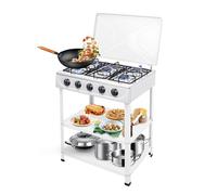 Cuisinière à gaz autonome à 5 flammes avec 3 étagères, 2,5 kW par brûleur, blanc, pour camping, camping-car et extérieur, convient aux NG/GPL, couvercle inclus