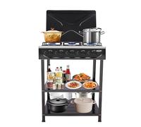 Cuisinière à gaz commerciale autoportante en acier inoxydable noir, 5 brûleurs, cuisinière à gaz, cuisinière à gaz d'extérieur, table de cuisson verticale fendue avec étagère, réglage de la taille du