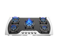 Cuisinière à gaz en verre avec 5 brûleurs, cuisinière à gaz encastrable, 1 x 3 kW + 1 x 2,75 kW + 2 x 1,75 kW + 1 x 1 kW, arrêt automatique, boutons rotatifs à 180°, économie d'énergie