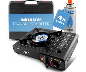 Cuisinière à gaz ZMC 1 brûleur incl. 4 cartouches de gaz butane 227g et adaptateur pour GPL + étui de rangement, réchaud de camping pour usage extérieur et intérieur, réchaud à gaz de camping 2,2 kW