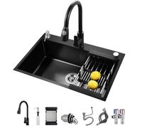 Cuisinière À Un Bac En Acier Inoxydable Noir Avec Robinet Extractible, Poste de Travail À Encastrer/À Poser Avec Accessoires Coulissants, Accessoires Multiples de Style Campagnard/55 * 45Cm