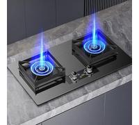 Cuisiniere Gaz Double 5.2KW - Verre Trempé Poele A Gaz, Cuisinières à gaz table et encastrées, prise en charge la cuisinière à gaz à chargement USB, cuisinière à gaz à minuterie 180 minutes(NG)