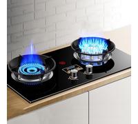 Cuisiniere Gaz Doubles- Verre Trempé Cuisiniere, Cuisinières À Gaz Doubles Table Et Encastrées Avec Minuterie Indépendante Bilatérale Et Rappel Anti-brûlure, Deux Types Protection Sécurité(LPG(Left 4.