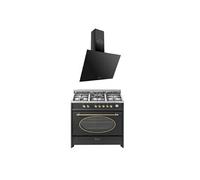 Cuisinière gaz pose libre 90 cm GCH E 914 BL - 8 fonctions - Hotte aspirante 90 cm - Noir rétro