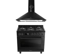Gurari Cuisinière Gaz 90 cm Électrique Four XXL 126 L, Air Fry, Pizza, Chaleur tournante, Hydro Clean + Hotte Murale 1000 m³/h Noir