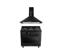 Gurari Cuisinière Gaz 90 cm Électrique Four XXL 126 L, Air Fry, Pizza, Chaleur tournante, Hydro Clean + Hotte Murale 1000 m³/h Noir