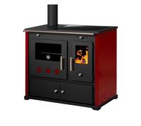 Prometey Praktik LUX, cuisinière à bois avec four et plaque de cuisson vitrocéramique, 9,4 kW sortie de fumée à gauche Ø 130 mm, Bordeaux