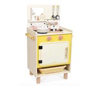 Janod - Cuisine Enfant en Bois - Équipée avec Four, Évier et 11 Accessoires Inclus - Boutons Rotatifs Sonores - Jouet Imitation et Eveil - Dès 2 Ans, J06641, Jaune