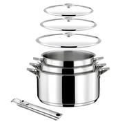 Cuisinox Eclipse batterie 7 pièces inox: 3 casseroles, couvercles, poignée | Batterie 7 pièces: 3 casseroles, couvercles, poignée, inox 18/10, fond encapsulé 6,3 mm, tous feux dont induction, empilable