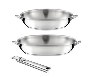 CUISINOX - Eclipse - Lot 2 poêles inox 24-28 cm et poignée inox - Fond encapsulé - Compatible tous feux dont plaques à induction et four - Acier Inoxydable 18/1 - Finition miroir - Poignée Amovible