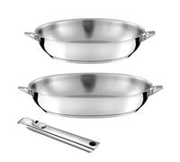 Cuisinox Eclipse lot 2 poêles inox 24 et 28 cm + poignée amovible | Lot 2 poêles 24 et 28 cm + poignée amovible, inox 18/10, fond encapsulé 6,3 mm, tous feux dont induction, empilable