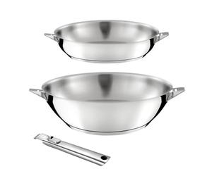 CUISINOX - Eclipse - Lot 3 pièces tout inox - Wok 28 cm, poêle 24 cm et poignée amovible inox - Fond encapsulé - Compatible tous feux dont induction - Acier Inoxydable 18/10 - Finition miroir