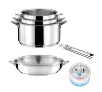 CUISINOX - Eclipse - Lot 6 pièces - 3 casseroles 16/18/2 cm, 1 poêle 24 cm, 1 poignée amovible, 1 pierre d'argent® - Fond encapsulé - Compatible tous feux - Acier Inoxydable 18/1 - Finition miroir