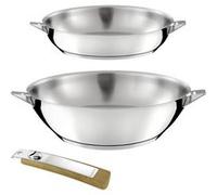 CUISINOX - ECLIPSE - Lot de 1 poêle 24 cm et 1 wok 28 cm finition miroir avec poignée effet bois clair